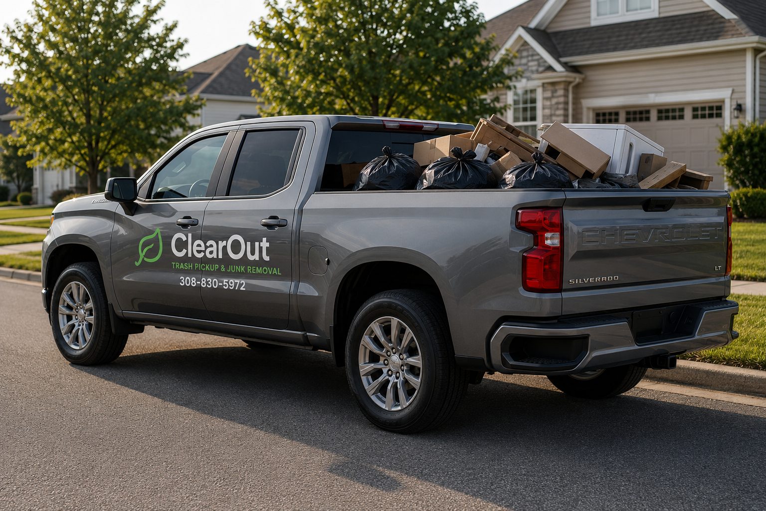 Silver 2020 Chevrolet Silverado 1500 with ClearOut Trash Pickup decal, loaded with cardboard boxes and trash bags